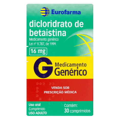 Dicloridrato de Betaistina Genérico Eurofarma 16mg 30 comprimidos
