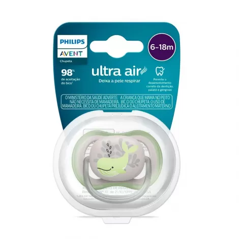 Chupeta Philips Avent Ultra Air 6-18 Meses Cinza Baleia - 1 Unidade